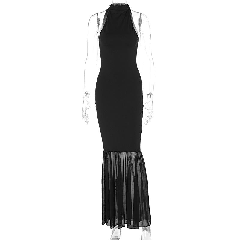 Mesh Veiled Patchwork Flared Slim Fit Black Sleeveless Sexy Elegant Summer Bodycon Maxi Bandage Evening Dress for Women Lady