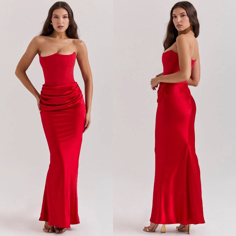 Corset Strapless Backless Tube Black Chic Sexy Bandage Elegant Prom Evening Satin Bodycon Maxi Dresses for Women Lady Party