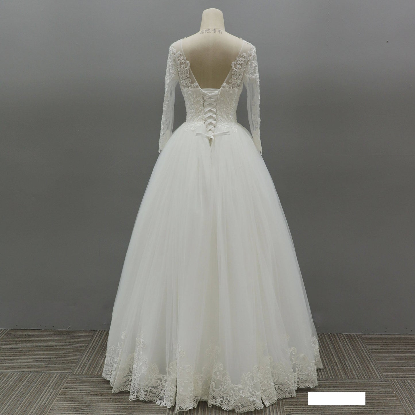 Ivory Long Sleeve Floor Length Train Lace Applique Flower Bride Ball Gown Wedding Dress