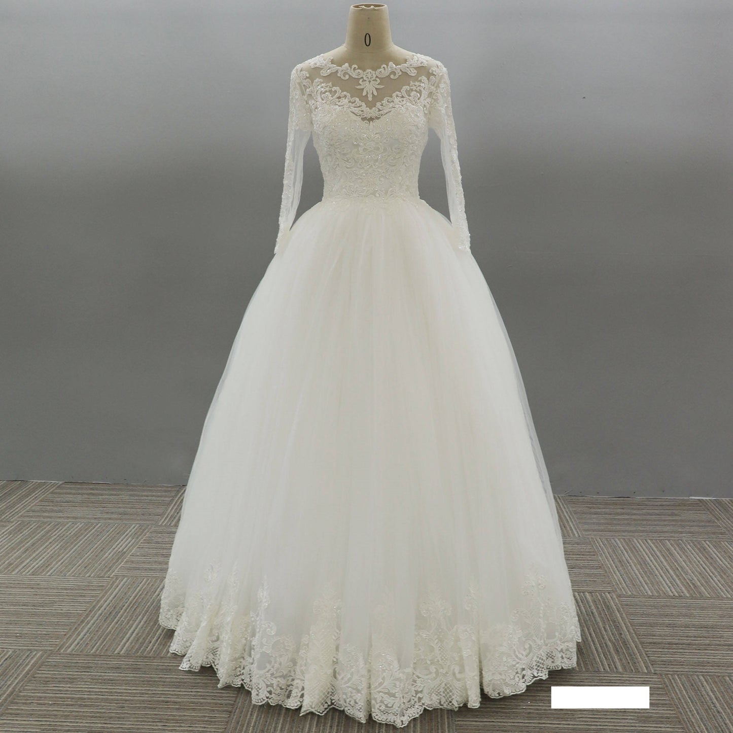 Ivory Long Sleeve Floor Length Train Lace Applique Flower Bride Ball Gown Wedding Dress