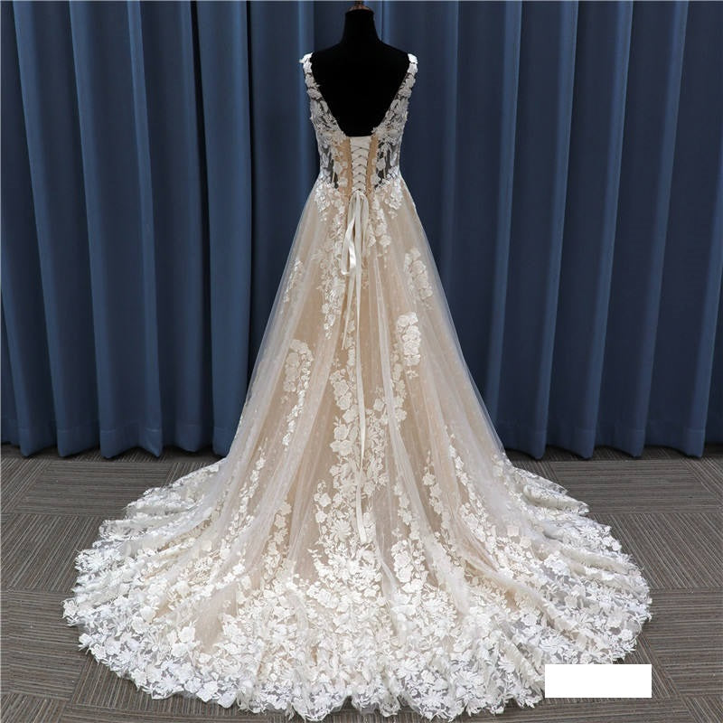 Lace Applique Open Back Ivory Wedding Dress Bridal Gown Plus Sizes