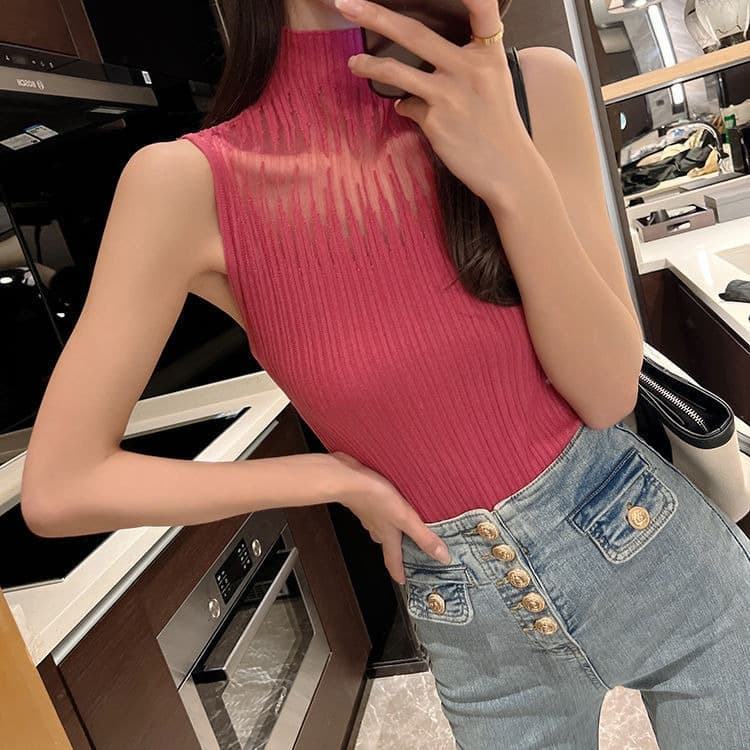2025 Latest White Summer Pullover Plain Elegant Female Custom Sleeveless Knitted Turtleneck Tank Tops for Women Ladies