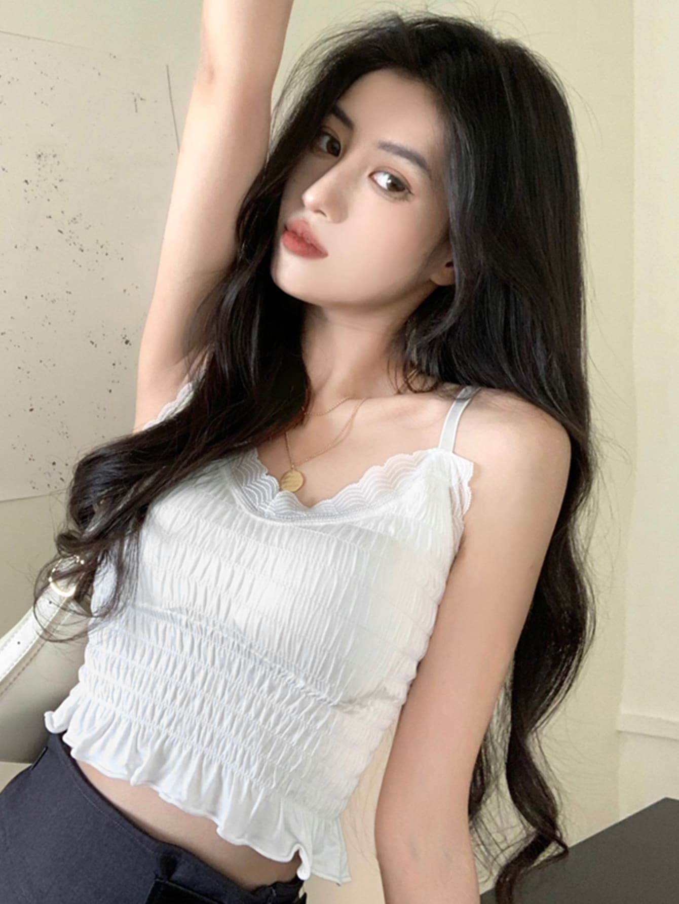 Blouse Women Tops Plain Wanita Casual Halter Solid Shirred Crop Cami Top