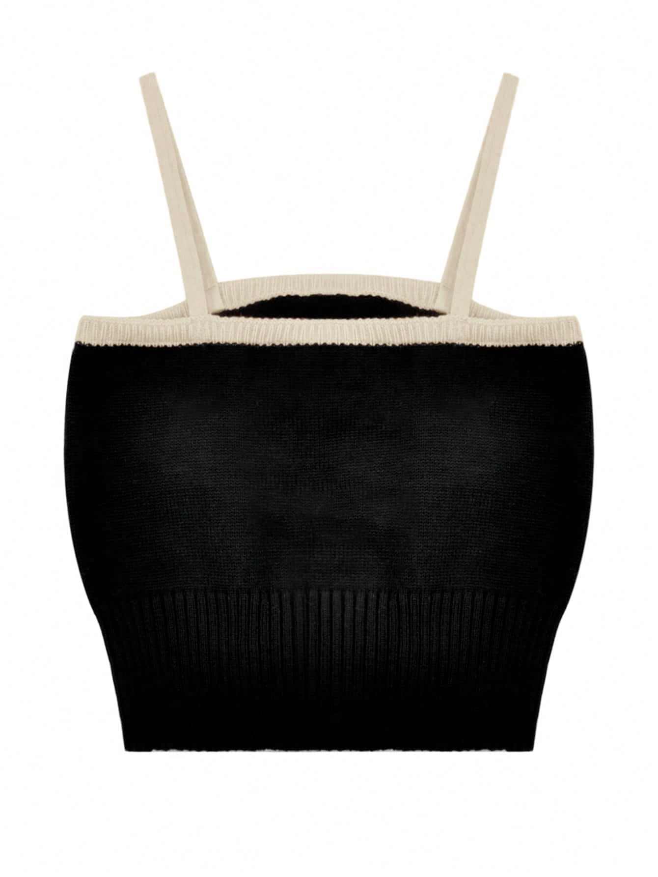 Korean Style Slim Crop Tops Simple All-Match Contrast Trim Tie Front Crop Knit Cami Top