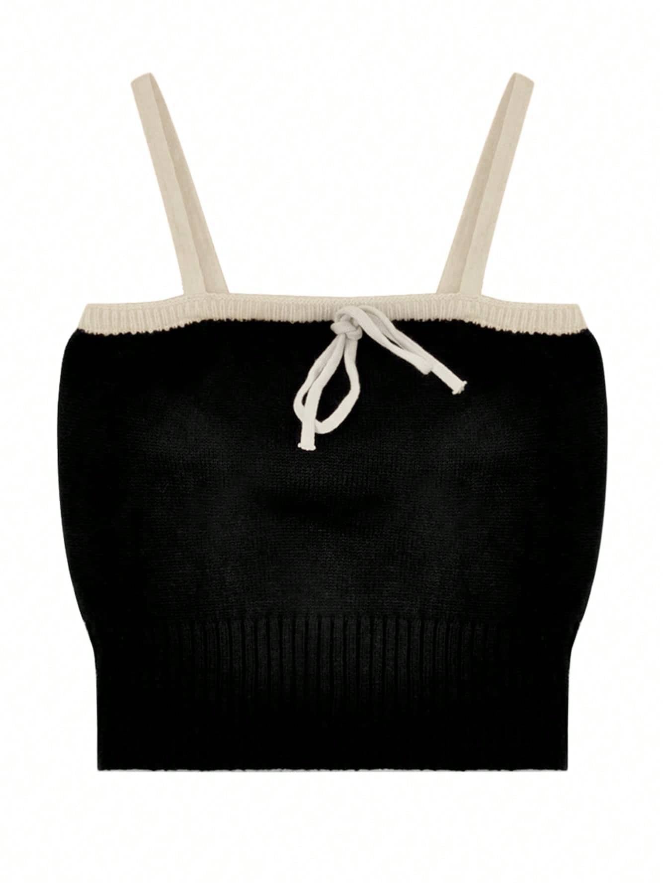Korean Style Slim Crop Tops Simple All-Match Contrast Trim Tie Front Crop Knit Cami Top