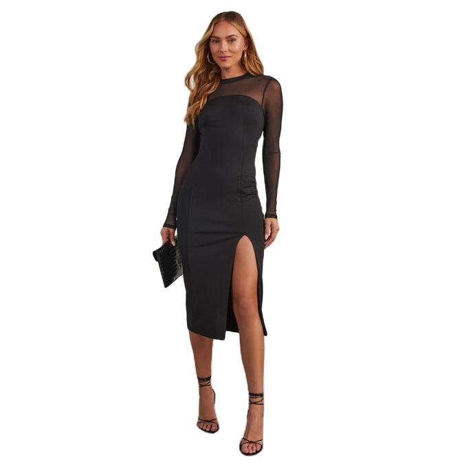 Elegant Mock Neck Transparent See-Through Maxi Bodycon Mesh Dress With Peplum