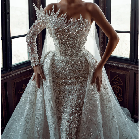 Luxury Beaded Illusion Long Sleeve Detachable Train African Women's Bride Wedding Dresses One Shoulder Bridal Wedding Gowns