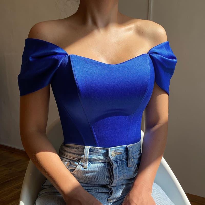 Plain White Black Pink Red Low Cut Corset Off Shoulder Top for Women