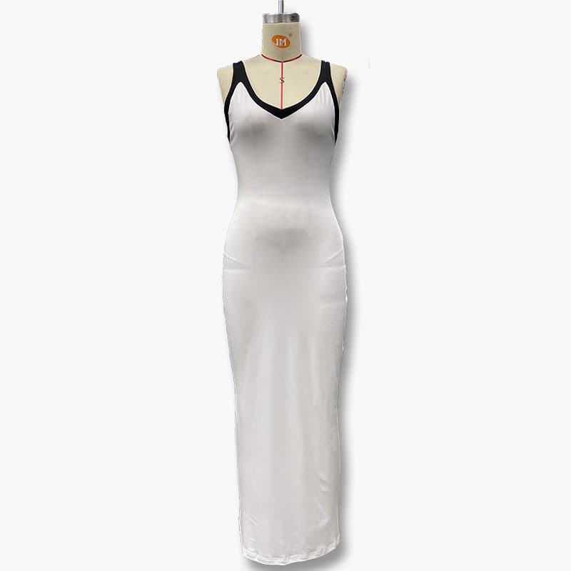 White Summer Casual Streetwear Long Maxi Tight Slit Backless V-neck Bodycon Bandage Sleeveless Sundresses Dress for Ladies Women