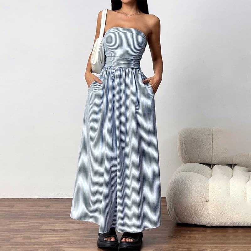 Tube Top Striped Summer Casual Ruched Waist Strapless Fit and Flare Maxi Dress with Pockets for Women