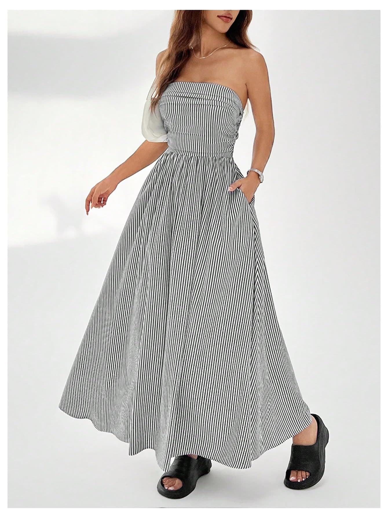Tube Top Striped Summer Casual Ruched Waist Strapless Fit and Flare Maxi Dress with Pockets for Women