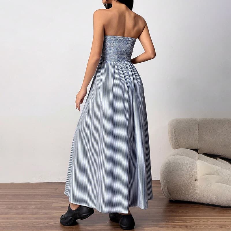 Tube Top Striped Summer Casual Ruched Waist Strapless Fit and Flare Maxi Dress with Pockets for Women