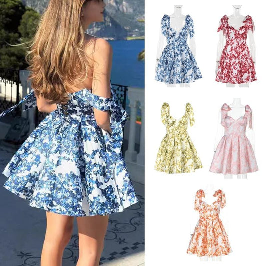 Vacation European Chiffon Backless Spring Summer Floral Print Flare A-line Sundress Flower Short Mini Sun Corset Dress for Women
