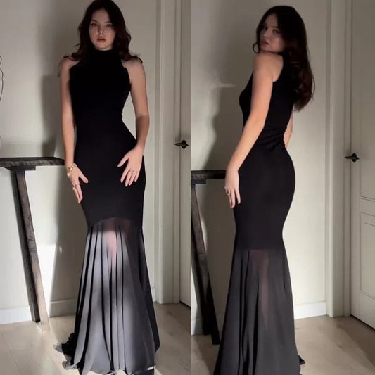 Mesh Veiled Patchwork Flared Slim Fit Black Sleeveless Sexy Elegant Summer Bodycon Maxi Bandage Evening Dress for Women Lady