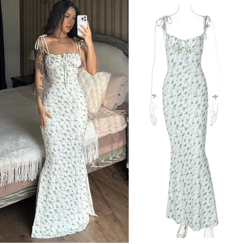 Summer Floral Maxi Spaghetti Strap Tight Mermaid Backless Tie Dye Bodycon Bandage Sleeveless Sundresses Dress for Ladies Women