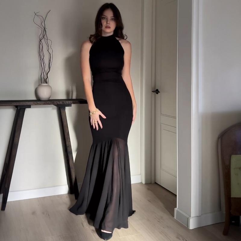 Mesh Veiled Patchwork Flared Slim Fit Black Sleeveless Sexy Elegant Summer Bodycon Maxi Bandage Evening Dress for Women Lady
