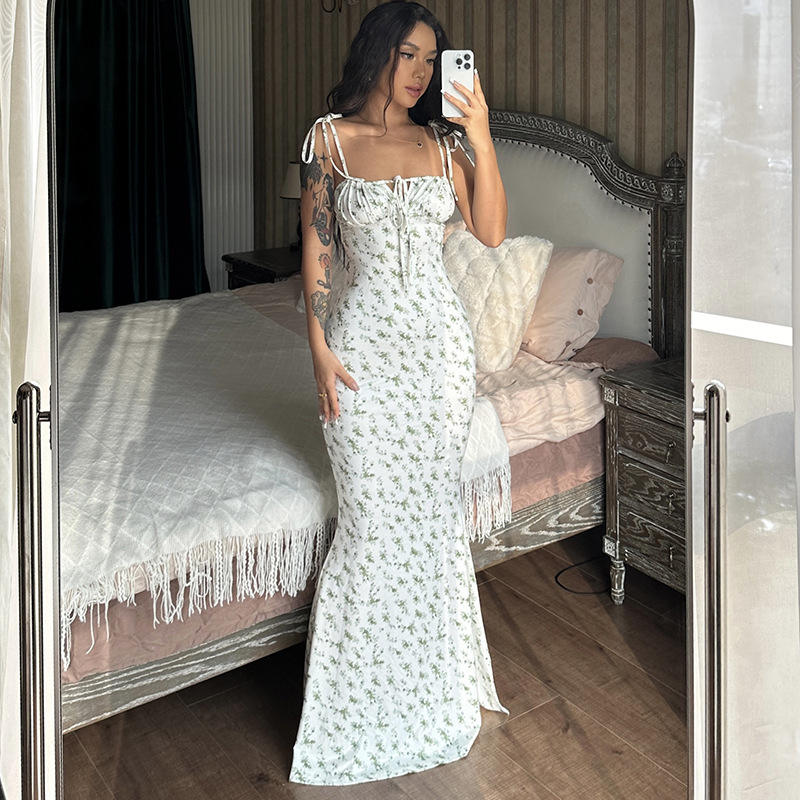 Summer Floral Maxi Spaghetti Strap Tight Mermaid Backless Tie Dye Bodycon Bandage Sleeveless Sundresses Dress for Ladies Women