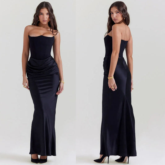 Corset Strapless Backless Tube Black Chic Sexy Bandage Elegant Prom Evening Satin Bodycon Maxi Dresses for Women Lady Party