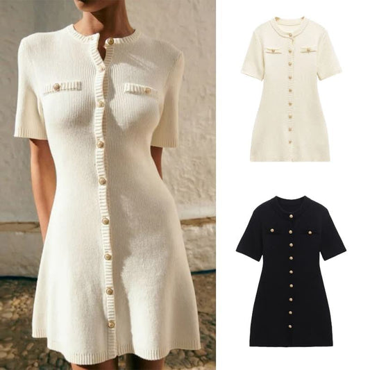 Polo Casual A-line T Shirt Sweater White Black Summer Button Short Sleeve Round Neck Mini Office Knitted Dress for Women Lady