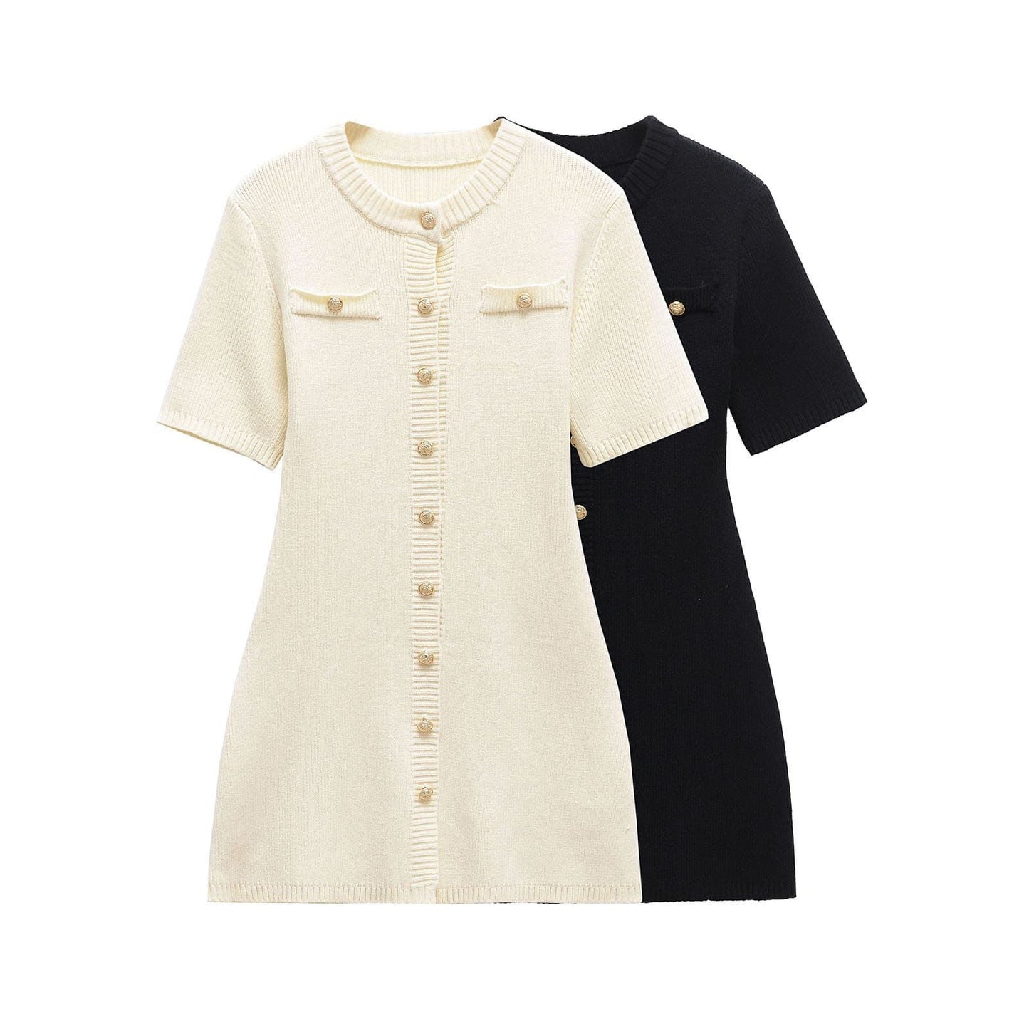 Polo Casual A-line T Shirt Sweater White Black Summer Button Short Sleeve Round Neck Mini Office Knitted Dress for Women Lady