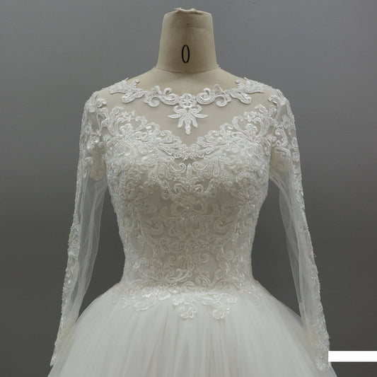 Ivory Long Sleeve Floor Length Train Lace Applique Flower Bride Ball Gown Wedding Dress