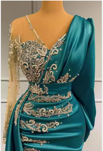Modest One Shoulder Satin Plus Size Evening Dresses 2023 Women TrumpetMermaid Handmade Beading Gowns