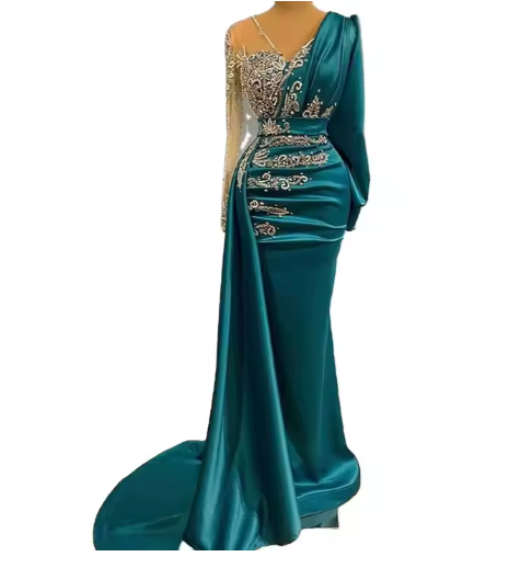 Modest One Shoulder Satin Plus Size Evening Dresses 2023 Women TrumpetMermaid Handmade Beading Gowns
