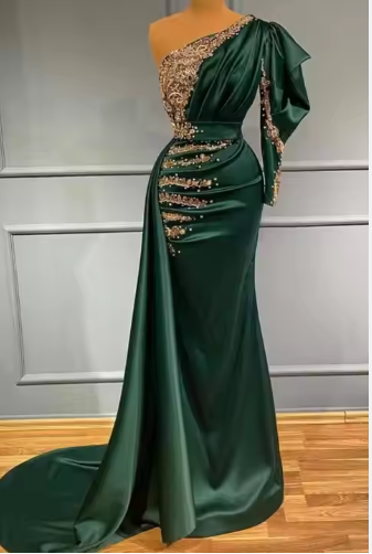Modest One Shoulder Satin Plus Size Evening Dresses 2023 Women TrumpetMermaid Handmade Beading Gowns