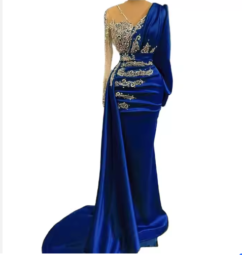 Modest One Shoulder Satin Plus Size Evening Dresses 2023 Women TrumpetMermaid Handmade Beading Gowns
