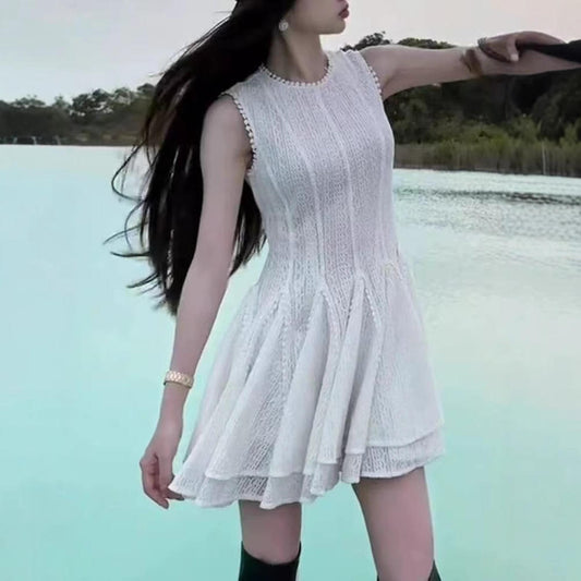 Summer Casual White Lace Pleated Elegant Sleeveless Solid Color Mesh Crochet Mini Dress for Women Ladies