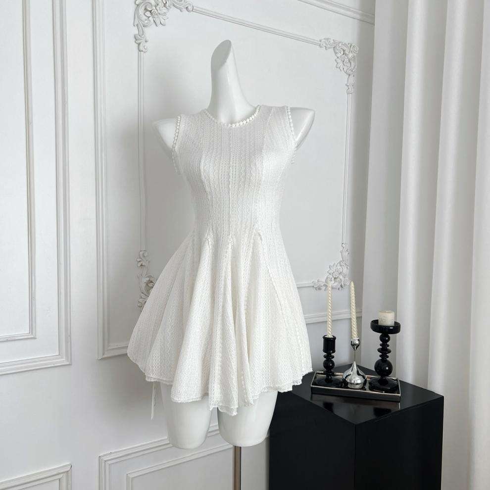 Summer Casual White Lace Pleated Elegant Sleeveless Solid Color Mesh Crochet Mini Dress for Women Ladies