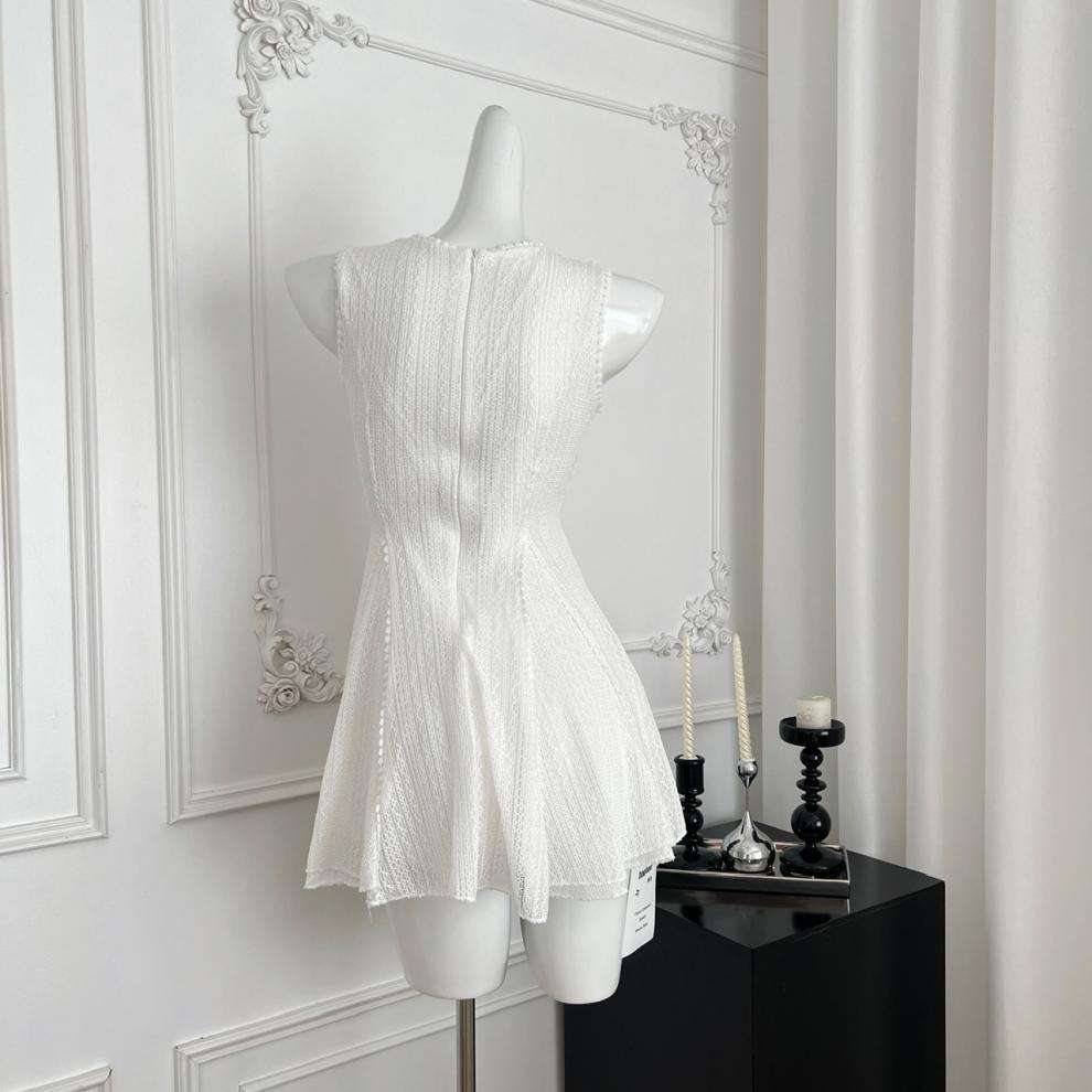 Summer Casual White Lace Pleated Elegant Sleeveless Solid Color Mesh Crochet Mini Dress for Women Ladies