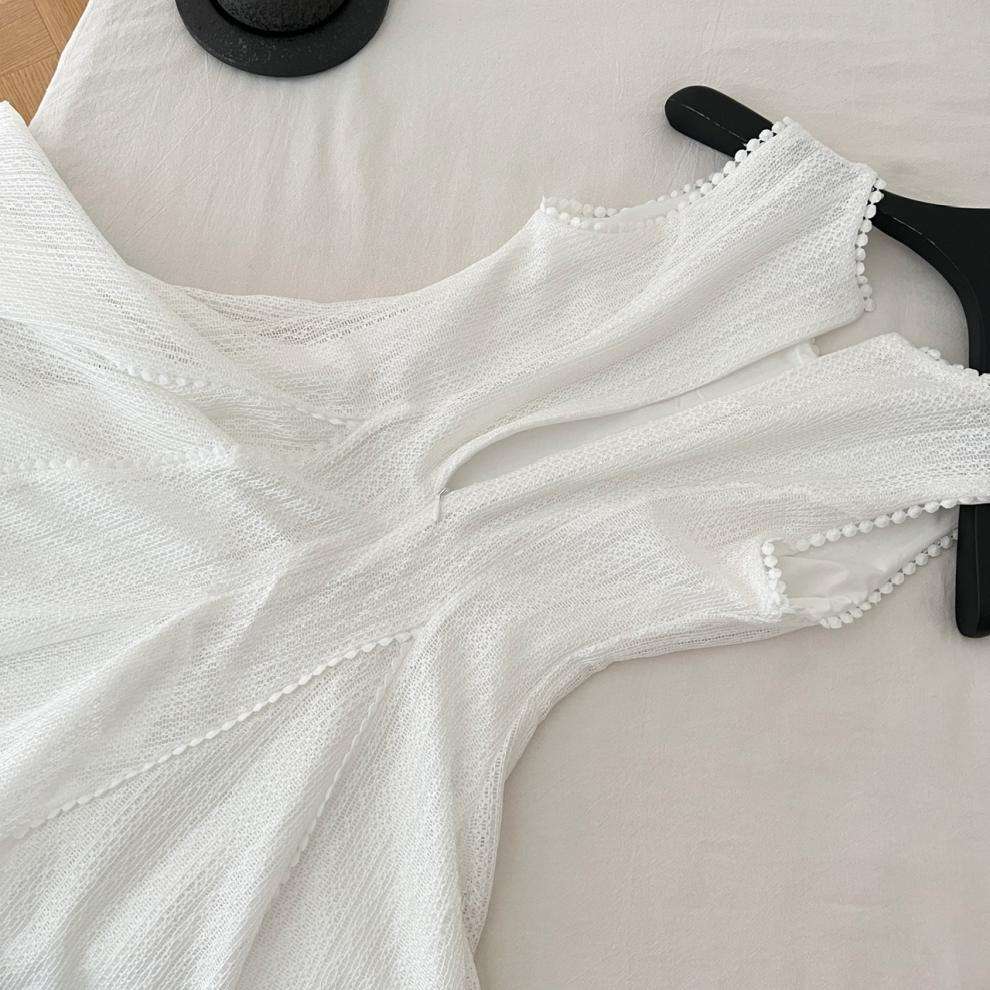 Summer Casual White Lace Pleated Elegant Sleeveless Solid Color Mesh Crochet Mini Dress for Women Ladies
