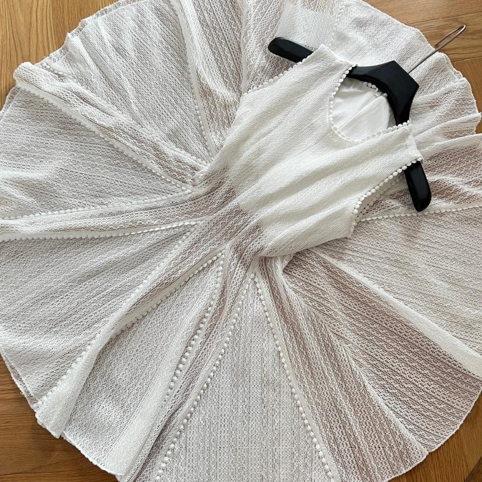 Summer Casual White Lace Pleated Elegant Sleeveless Solid Color Mesh Crochet Mini Dress for Women Ladies