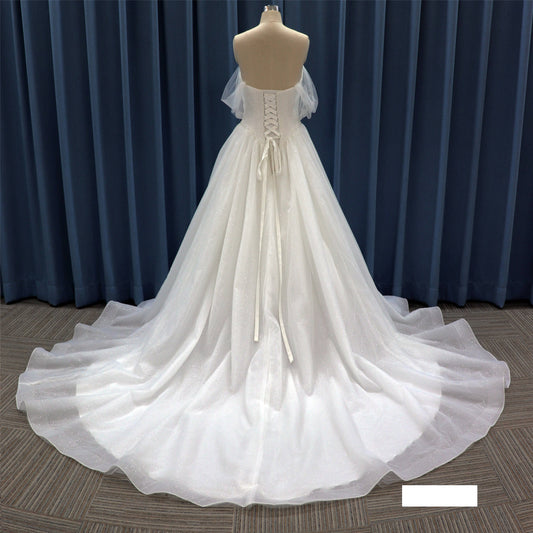 Basque Waistline off Shoulder Tulle Droped Sleeves Basque Waistline Ball Gown