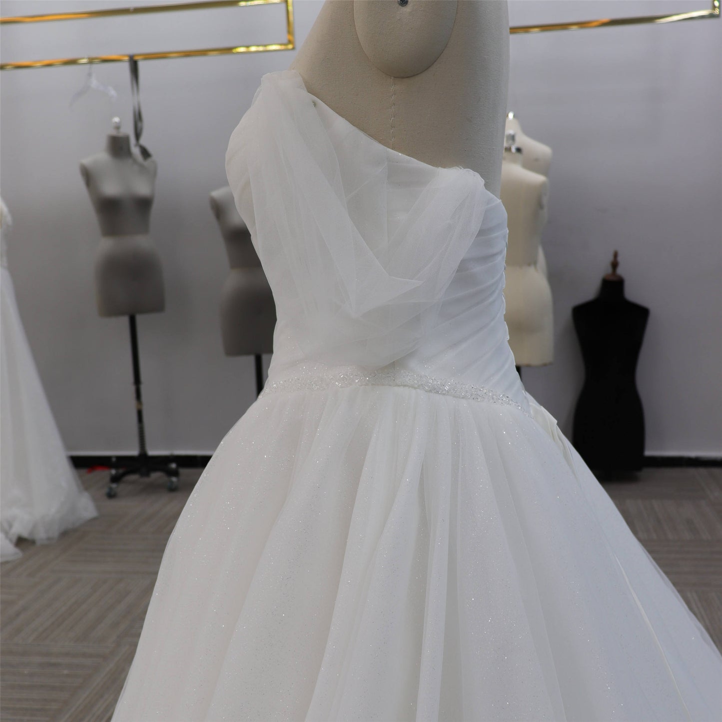 Basque Waistline off Shoulder Tulle Droped Sleeves Basque Waistline Ball Gown