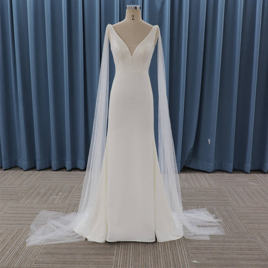 Sleeveless v Neckline Sequin Lace Hand-work Small Train Outdoor Wedding Bridal Gown