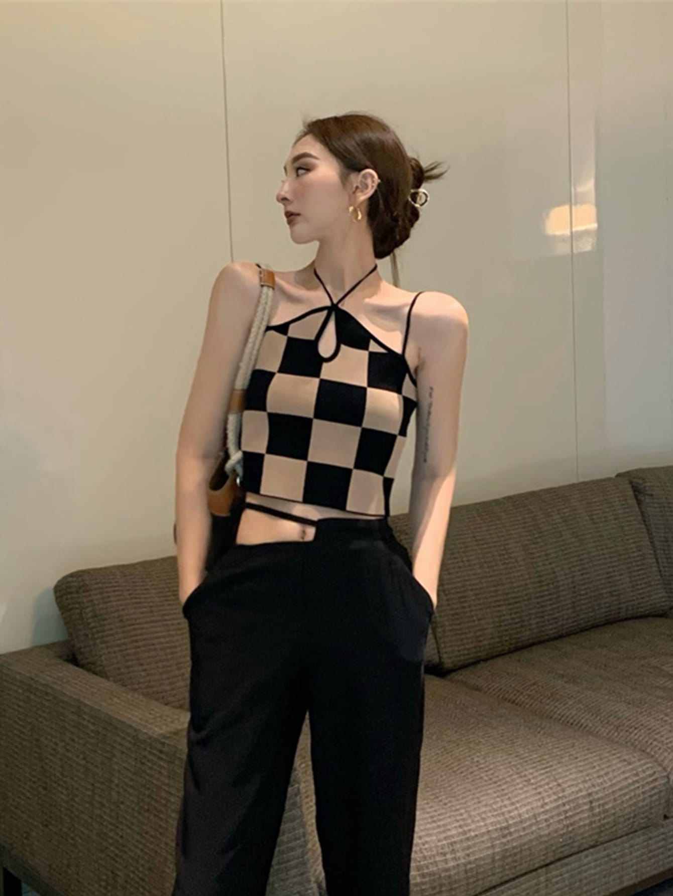 Checkered Board Crop Top Keyhole Front Cami Top Women Summer Casual Crop Tank Top