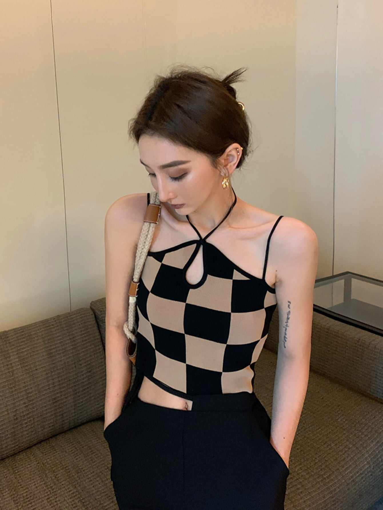 Checkered Board Crop Top Keyhole Front Cami Top Women Summer Casual Crop Tank Top