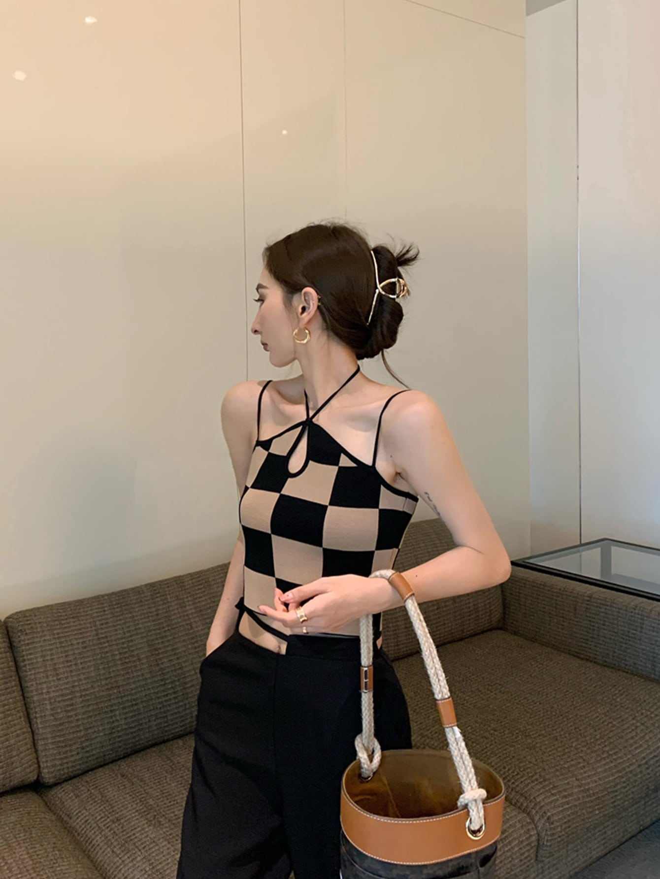 Checkered Board Crop Top Keyhole Front Cami Top Women Summer Casual Crop Tank Top