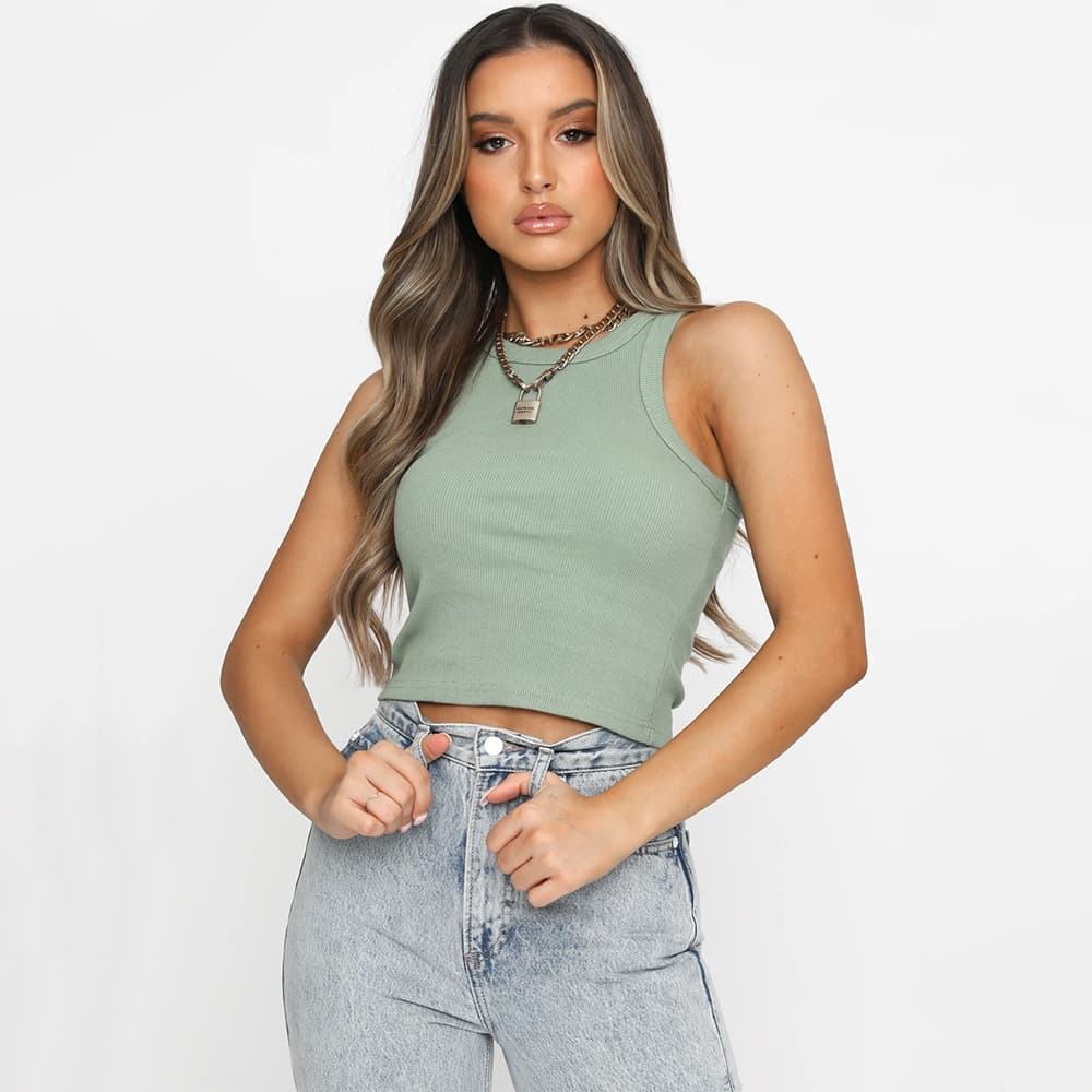 Ribbed Basic Summer Sleeveless Wholesale Solid Color O Neck Tank Tops Mujers Pour Femme for Women Ladies