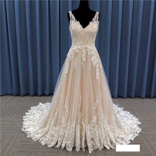 Lace Applique Open Back Ivory Wedding Dress Bridal Gown Plus Sizes