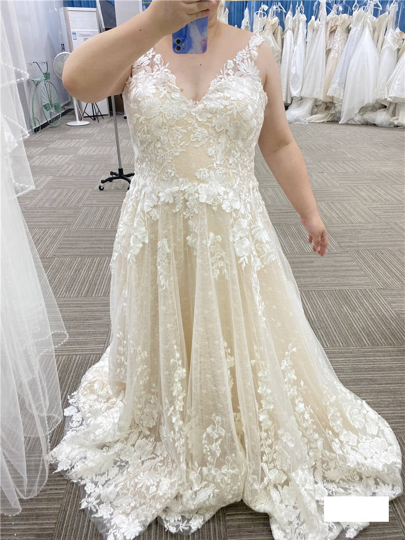 Lace Applique Open Back Ivory Wedding Dress Bridal Gown Plus Sizes