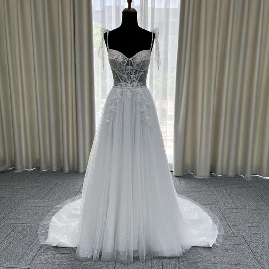 Sleeveless v Neckline Sequin Lace Hand-work Small Train Outdoor Wedding Bridal Gown