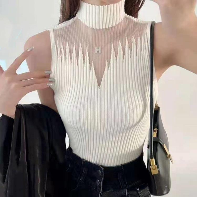 2025 Latest White Summer Pullover Plain Elegant Female Custom Sleeveless Knitted Turtleneck Tank Tops for Women Ladies