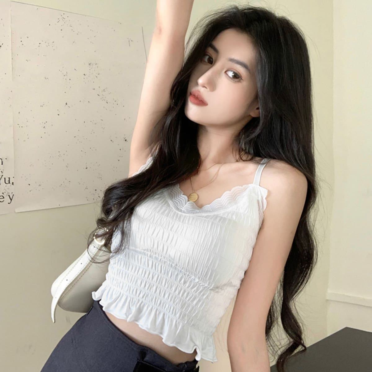 Blouse Women Tops Plain Wanita Casual Halter Solid Shirred Crop Cami Top