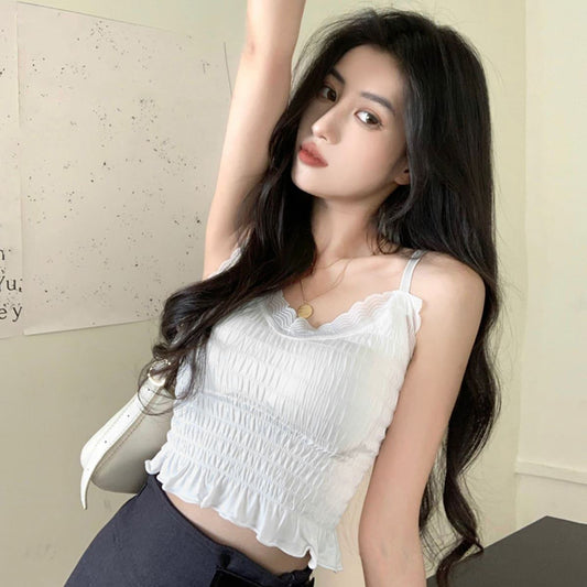 Blouse Women Tops Plain Wanita Casual Halter Solid Shirred Crop Cami Top