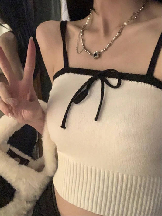 Korean Style Slim Crop Tops Simple All-Match Contrast Trim Tie Front Crop Knit Cami Top