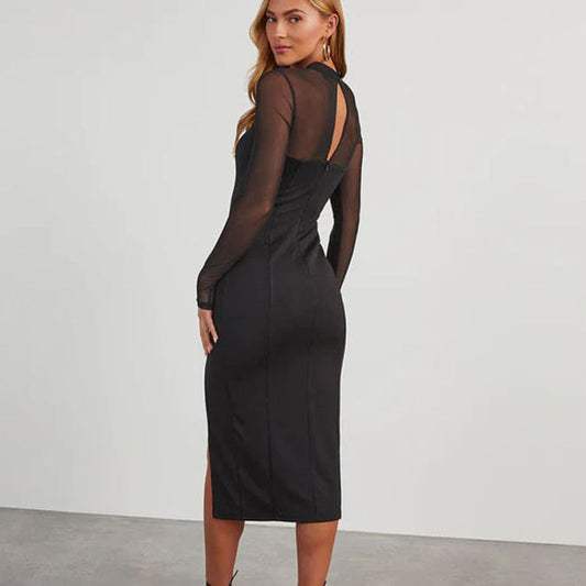 Elegant Mock Neck Transparent See-Through Maxi Bodycon Mesh Dress With Peplum