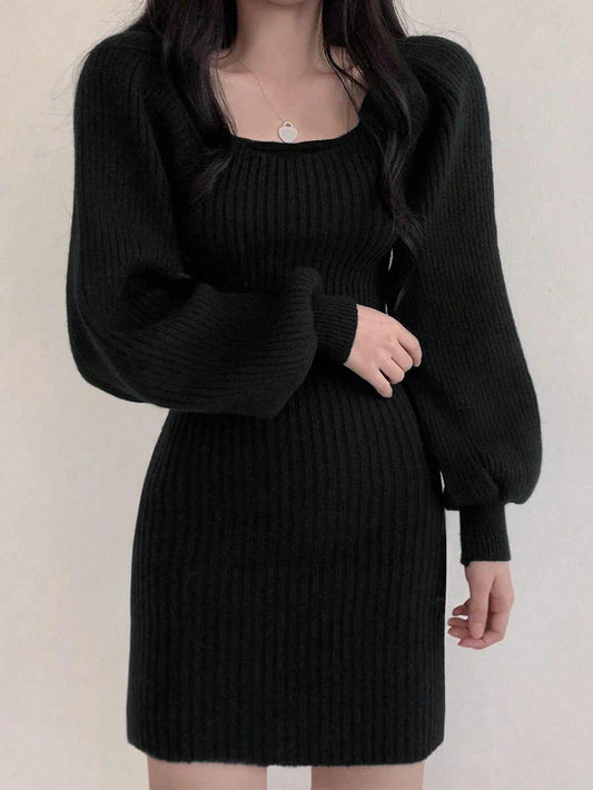 Female Elegant Solid Knit Mini Dress Woman Square Collar Long Lantern Sleeve Casual Boat Neck Bodycon Sweater Dress